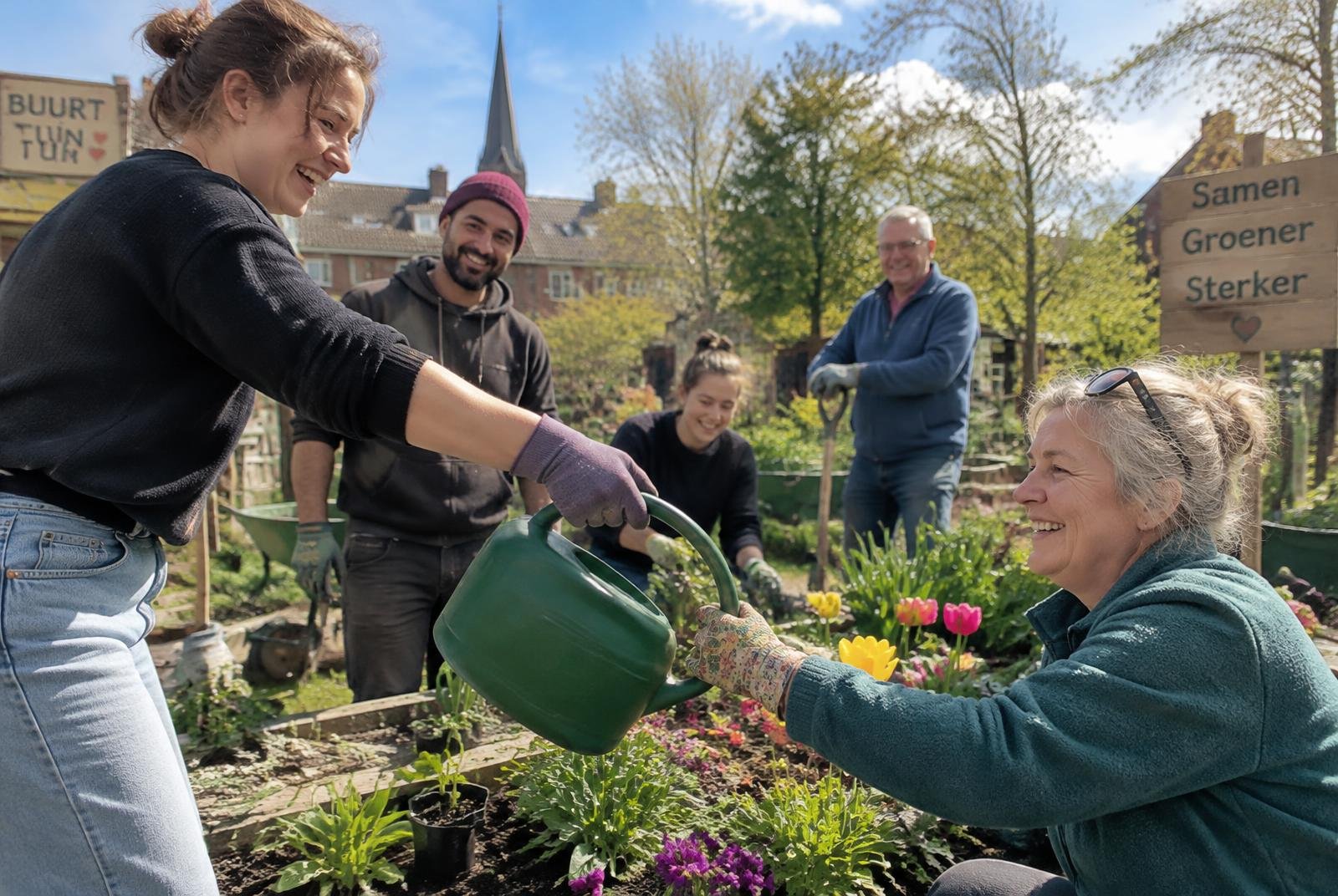 Mensen werken samen in een buurttuin