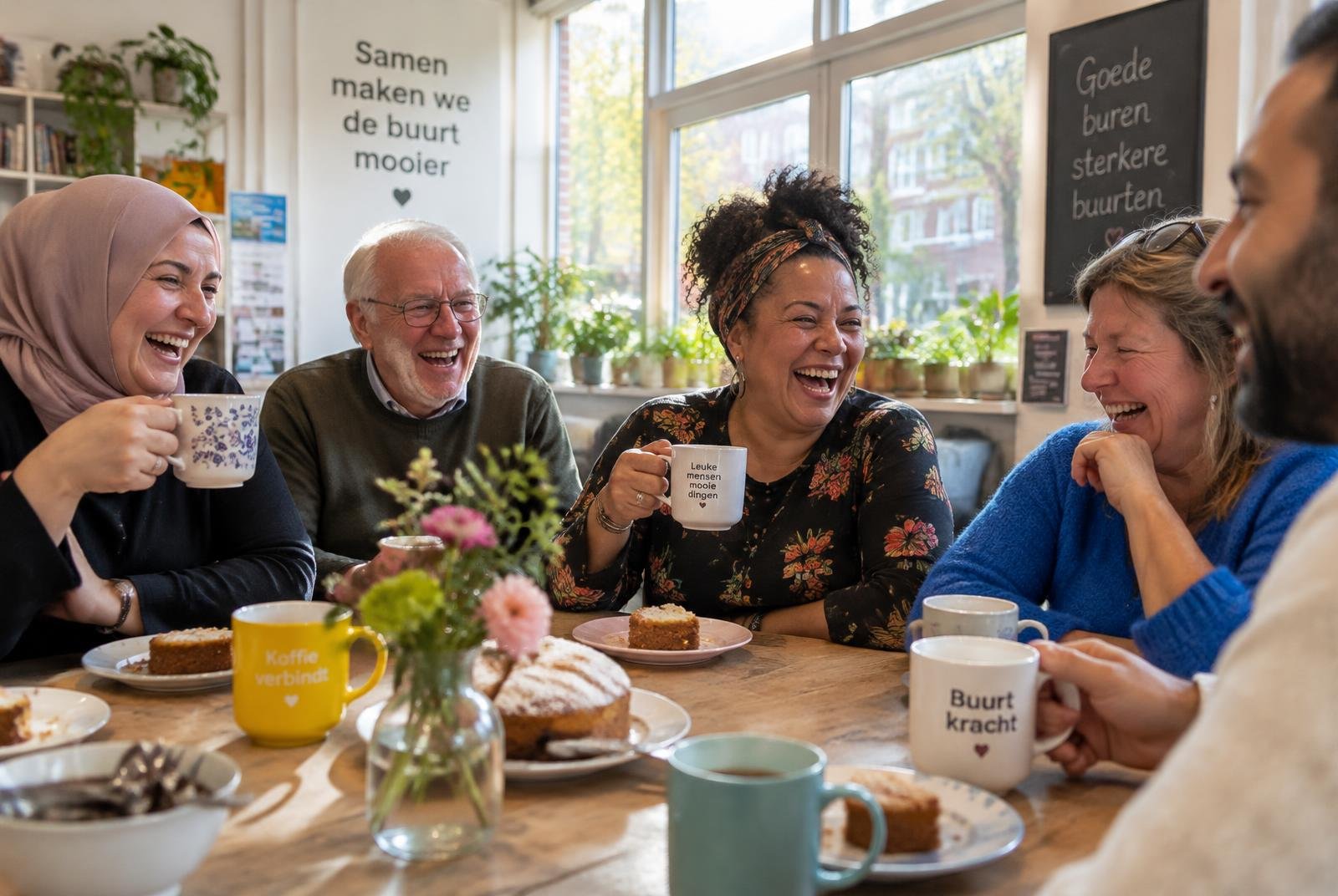 Een groep mensen drinkt samen koffie aan tafel